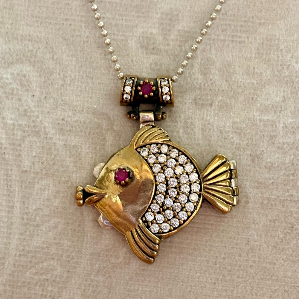 Celtic Good Luck Fish Locket Pendant Sterling Silver Bronze Ruby & Crystal Topaz